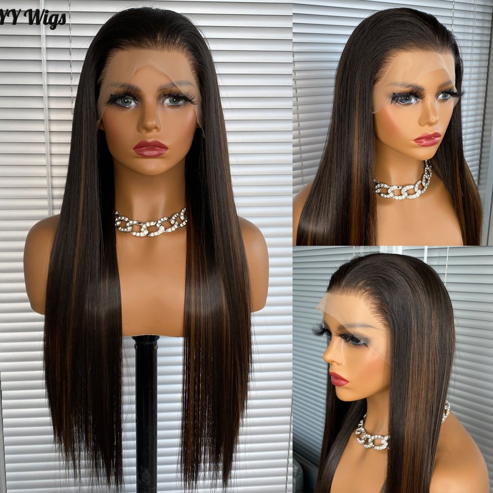 High Quality 13x4 Long Synthetic Lace Front Wigs with Silky Straight Heat Resistant Black Blonde Colours Natural Hairline Women