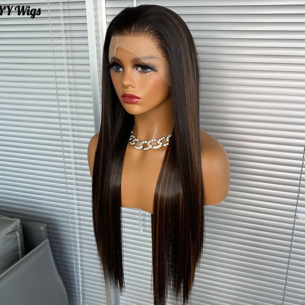 High Quality 13x4 Long Synthetic Lace Front Wigs with Silky Straight Heat Resistant Black Blonde Colours Natural Hairline Women