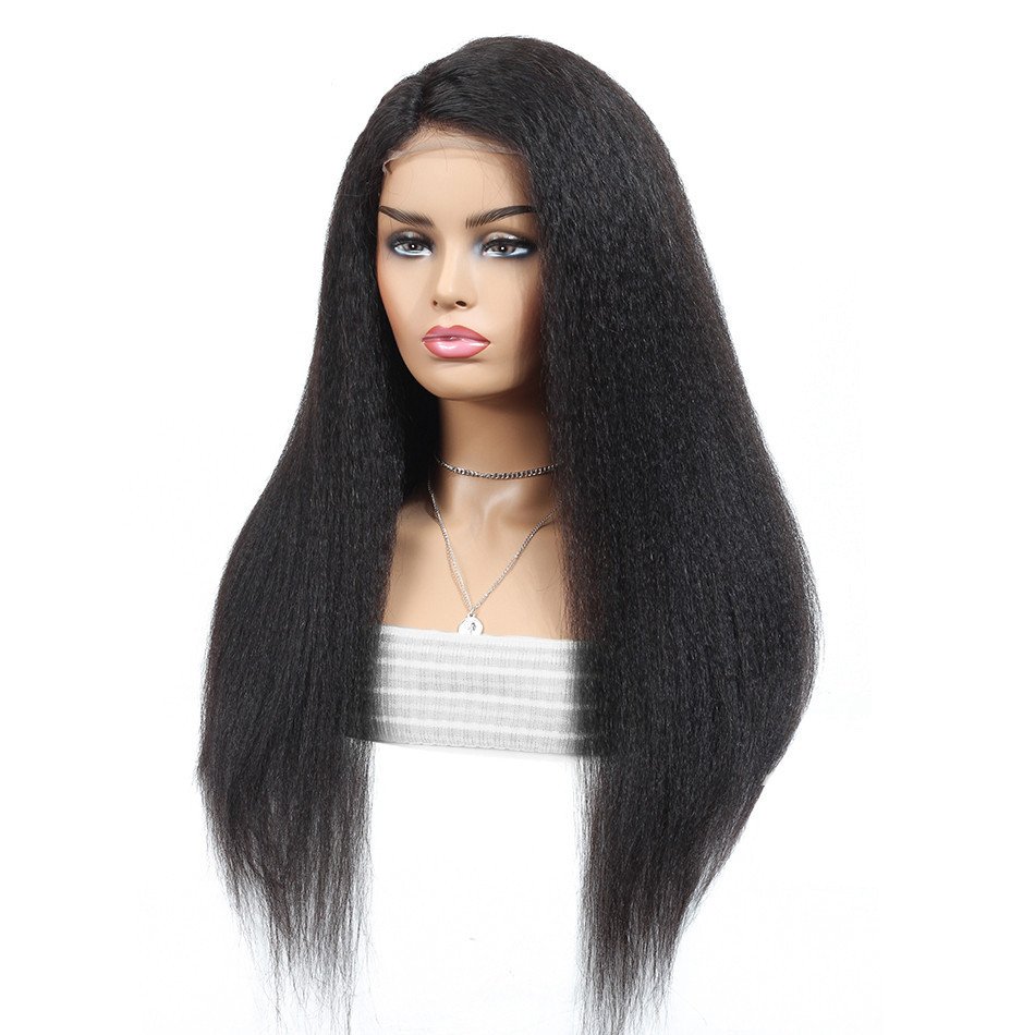 Cheap Wholesale Kinky Straight Wig Pre Plucked 4x4 Lace Closure Wig For Women Yaki Straight HD Transparent Lace Human Hair Wig