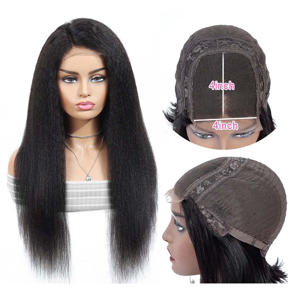 Cheap Wholesale Kinky Straight Wig Pre Plucked 4x4 Lace Closure Wig For Women Yaki Straight HD Transparent Lace Human Hair Wig
