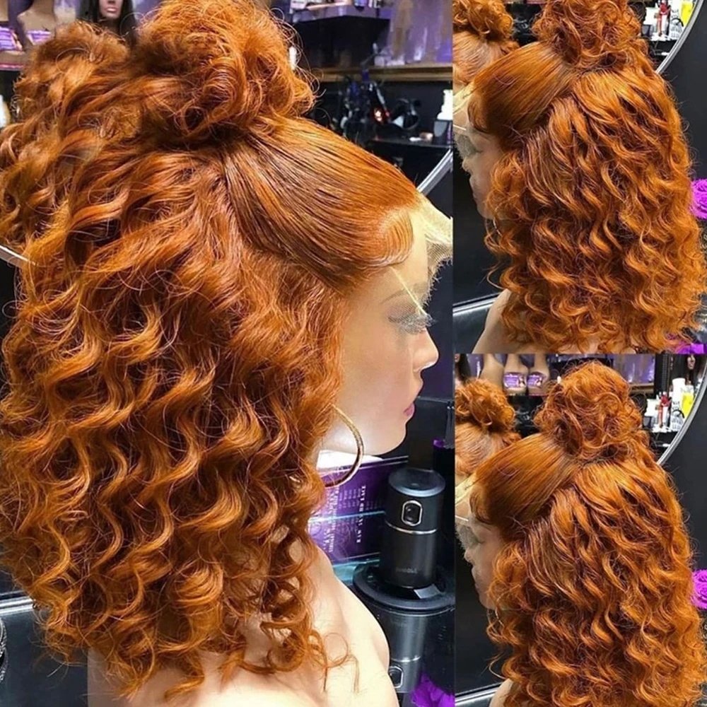 Ginger Orange Double Drawn Short Bob Wig 350 Ginger Color Big Loose Curly HD Short Bob Loose Deep Wave Frontal Wig
