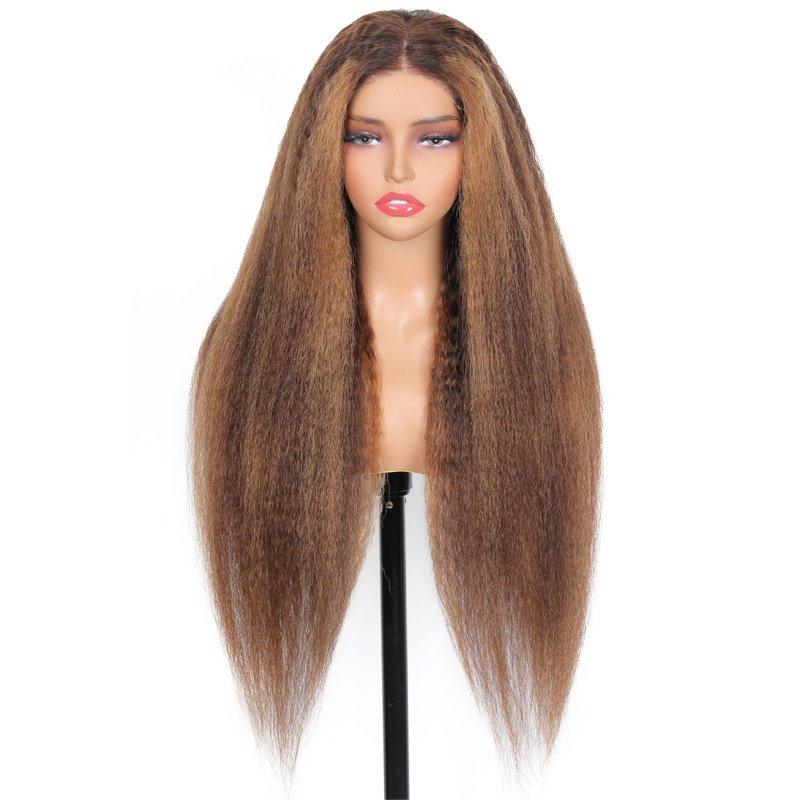 Highlight Honey Blonde Kinky Straight HD 5X5 Lace Front Wig Colored Yaki Frontal Human Hair Wigs for Women
