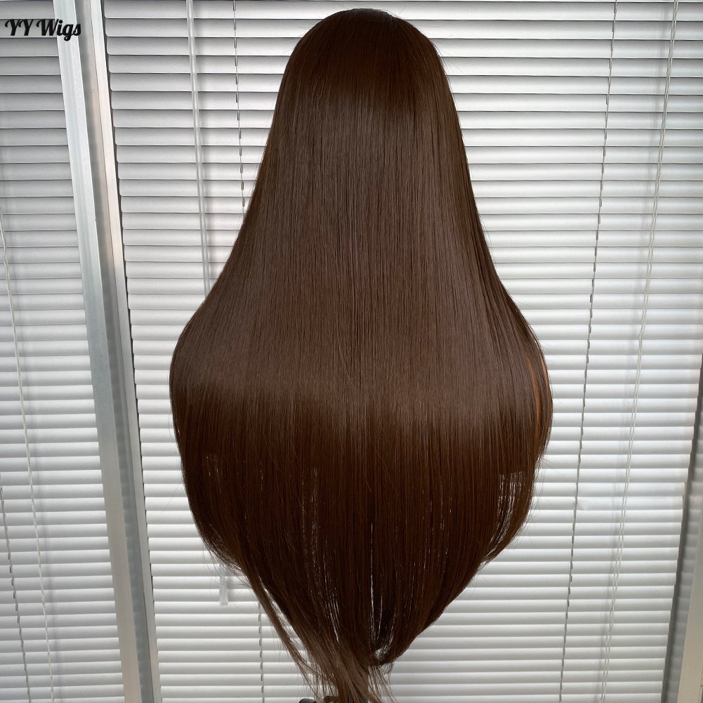 Short Brown Silky Straight Heat Resistant Half Hand Tied 6# Futura Synthetic Lace Front Wig with Bangs for Black Women