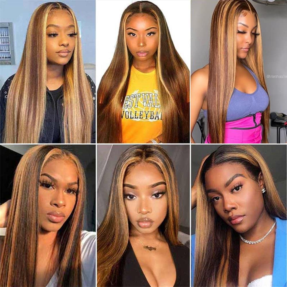 Ombre Honey Blonde Brown 13x4 HD Lace Front Human Hair Wigs for Black Women Highlight Brazilian Virgin Straight Transparent Wigs
