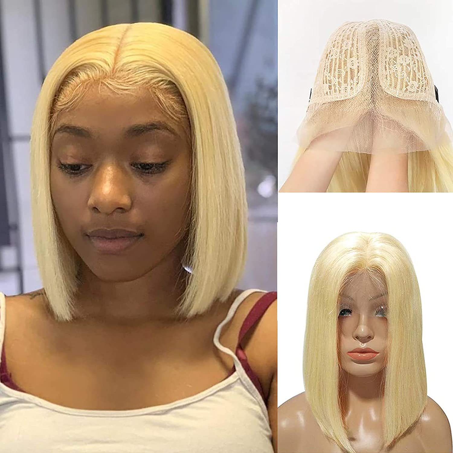 Human Hair Wigs 613# Coloured Wig Lace Wig Short Bob Human Hair Transparent Straight Addictive Platinum Blonde 1 Piece T-part