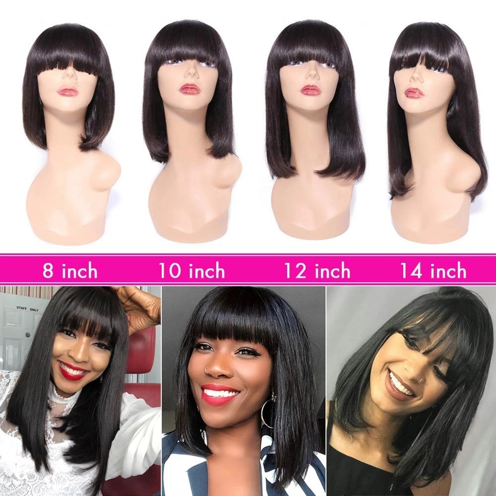 8-16 Inches No Lace Bang Wigs Brazilian Human Hair Wig With Bangs Remy Straight Full Machine Made Bang Wig for Woman