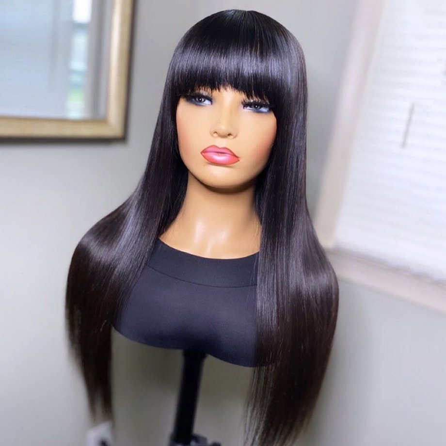 8-16 Inches No Lace Bang Wigs Brazilian Human Hair Wig With Bangs Remy Straight Full Machine Made Bang Wig for Woman