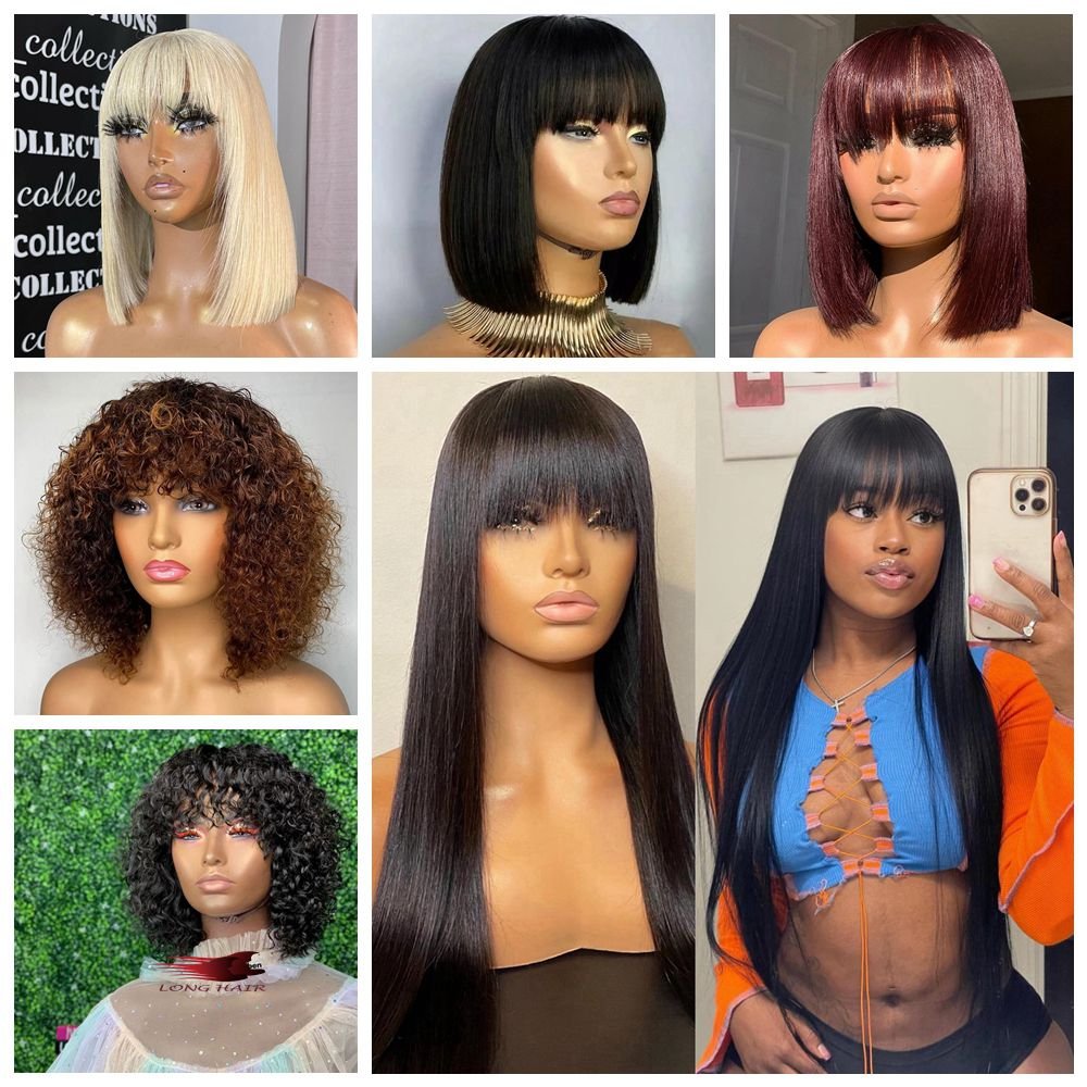 8-16 Inches No Lace Bang Wigs Brazilian Human Hair Wig With Bangs Remy Straight Full Machine Made Bang Wig for Woman