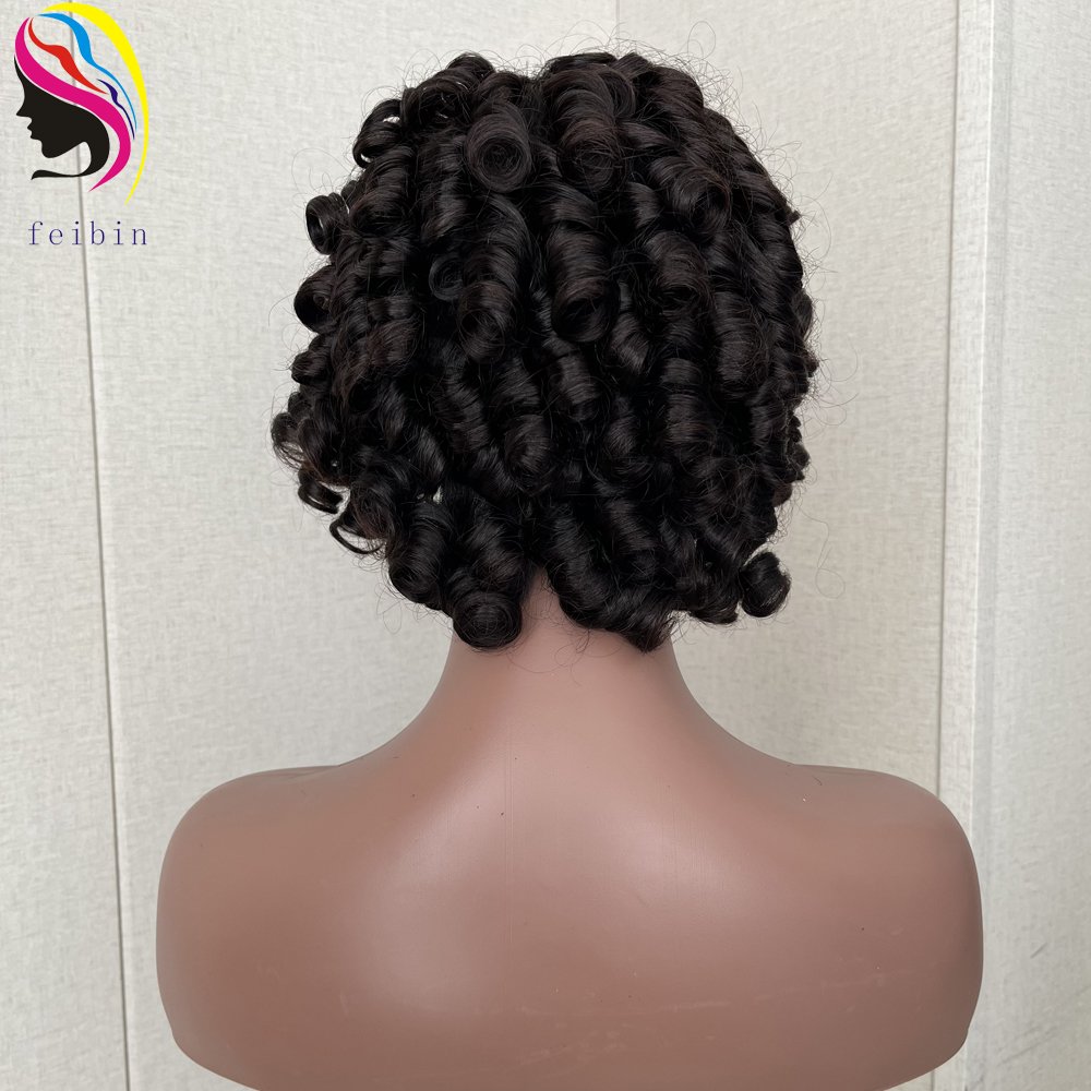 Cheap Price Fumi Curly Human Hair Wigs for Women Pixie Cut Rose Curly Full Machine Wigs Egg Curls Bob Wig With Bangs