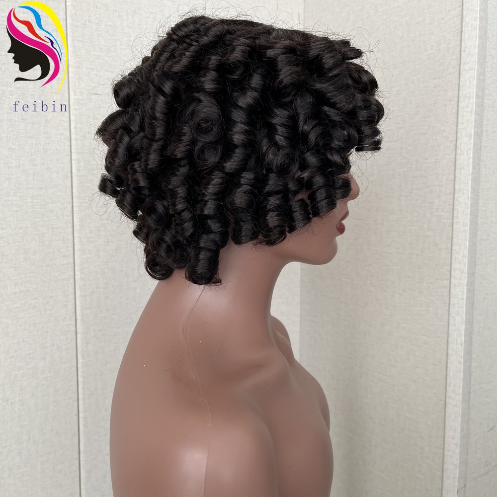 Cheap Price Fumi Curly Human Hair Wigs for Women Pixie Cut Rose Curly Full Machine Wigs Egg Curls Bob Wig With Bangs