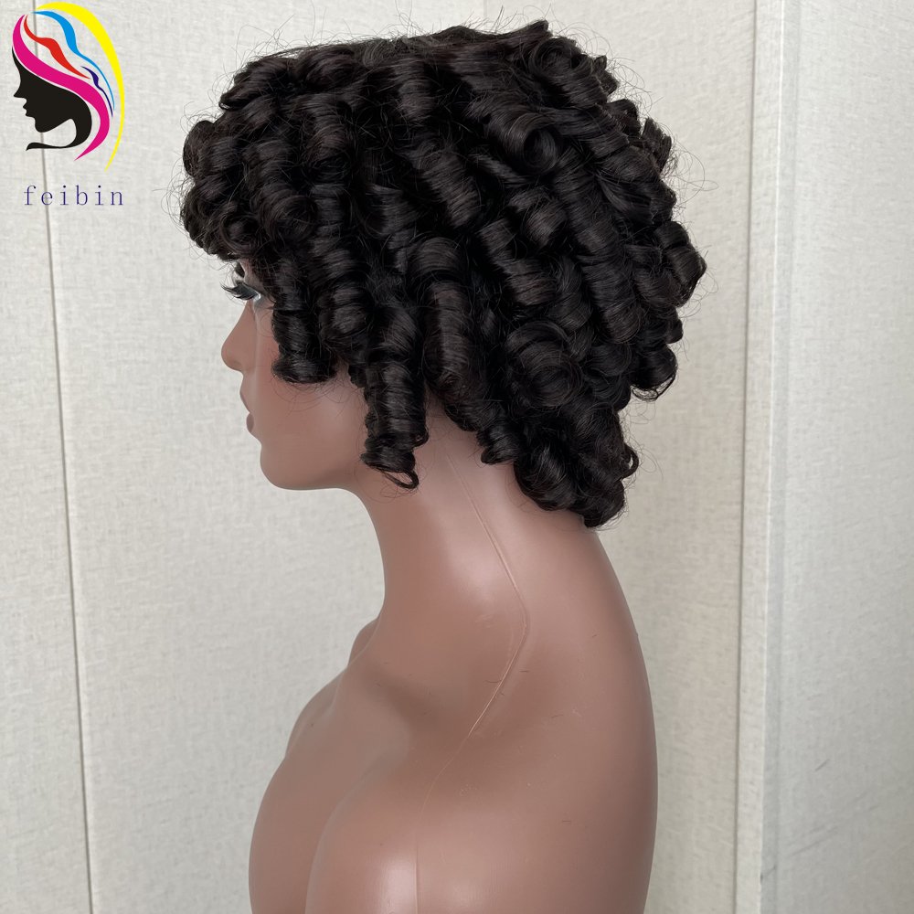 Cheap Price Fumi Curly Human Hair Wigs for Women Pixie Cut Rose Curly Full Machine Wigs Egg Curls Bob Wig With Bangs