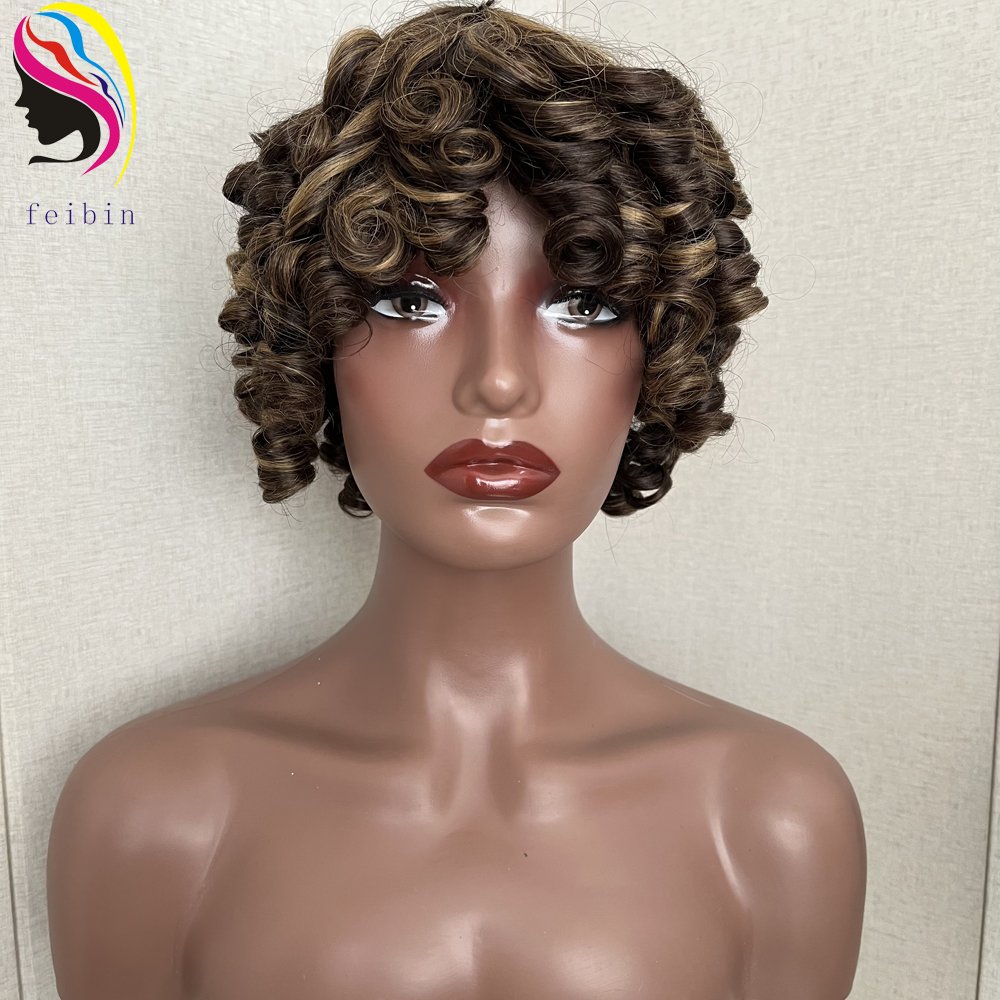 Cheap Price Fumi Curly Human Hair Wigs for Women Pixie Cut Rose Curly Full Machine Wigs Egg Curls Bob Wig With Bangs
