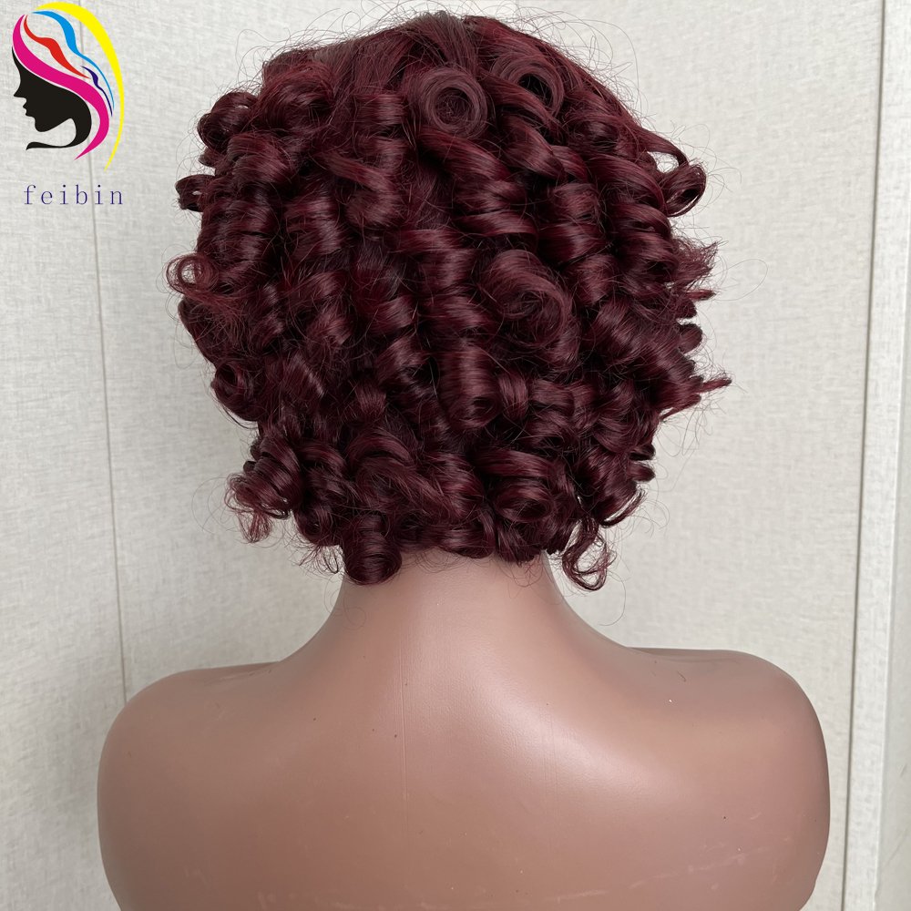 Cheap Price Fumi Curly Human Hair Wigs for Women Pixie Cut Rose Curly Full Machine Wigs Egg Curls Bob Wig With Bangs
