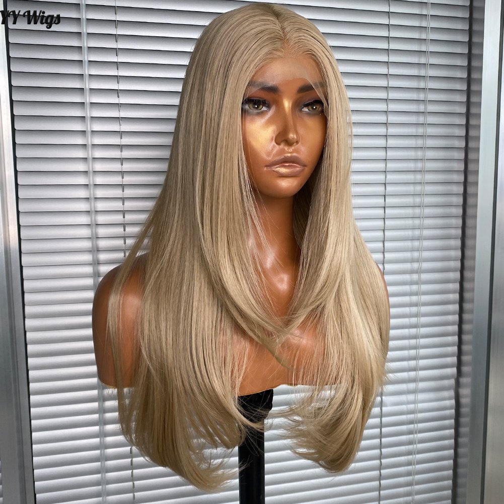 103# Honey Blonde Futura Synthetic Hair Long Silky Straight Heat Resistant Half Hand Tied Lace Front Bangs High Swiss Lace Women