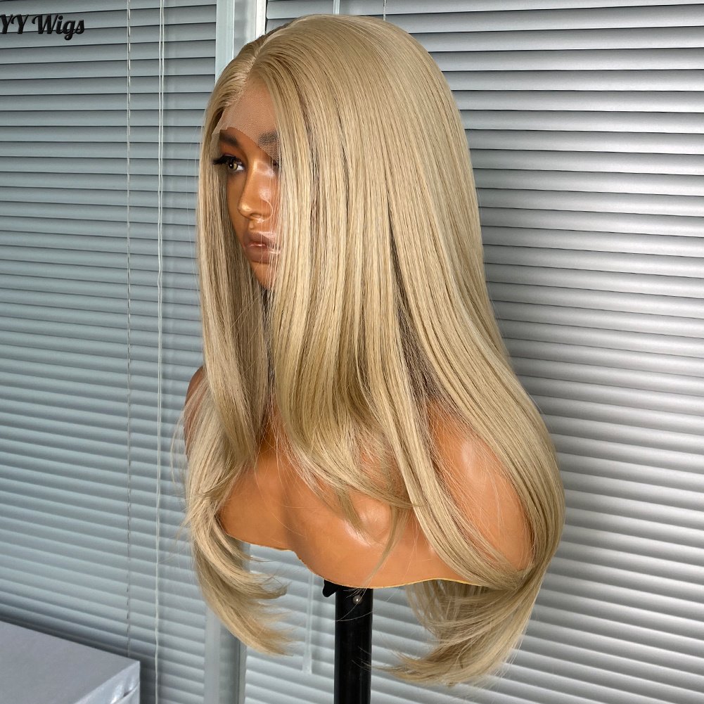103# Honey Blonde Futura Synthetic Hair Long Silky Straight Heat Resistant Half Hand Tied Lace Front Bangs High Swiss Lace Women