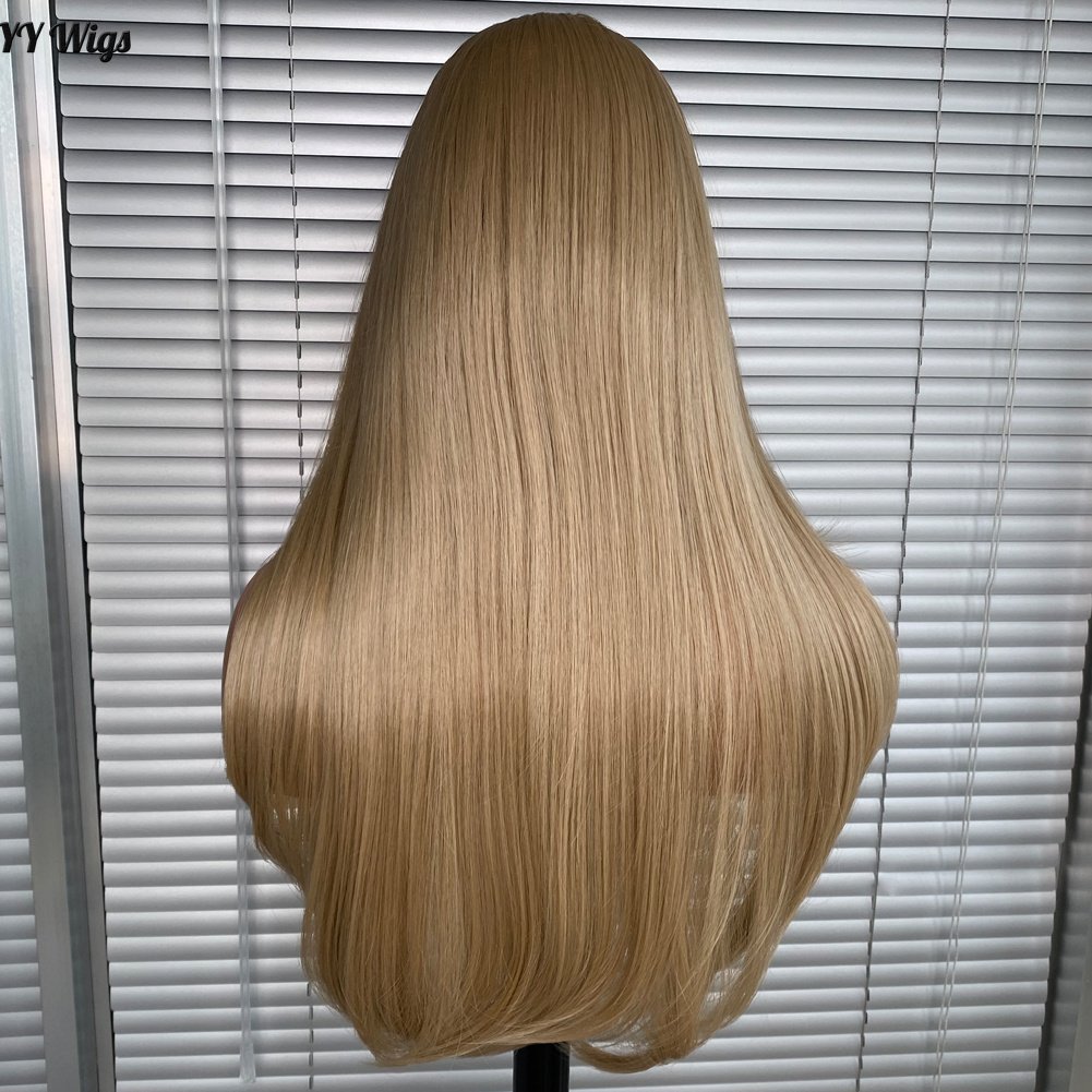 103# Honey Blonde Futura Synthetic Hair Long Silky Straight Heat Resistant Half Hand Tied Lace Front Bangs High Swiss Lace Women