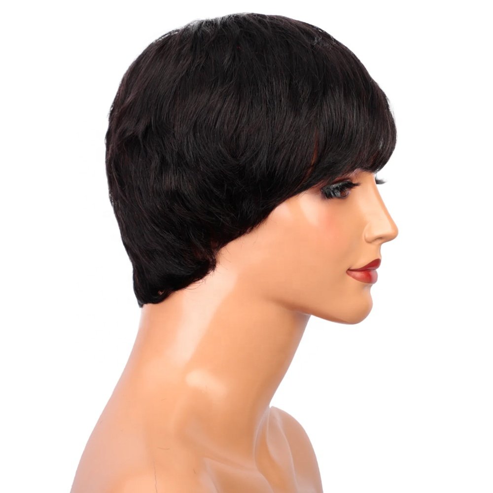 Pixie Cut Human Hair Wigs Natural Short Black None Lace Wig with Bangs Hair Layered Wavy Different Style Short Wigs for Women
