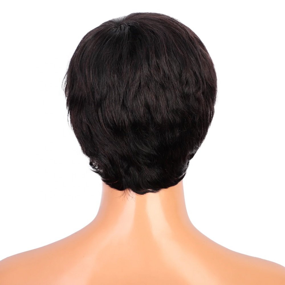 Pixie Cut Human Hair Wigs Natural Short Black None Lace Wig with Bangs Hair Layered Wavy Different Style Short Wigs for Women
