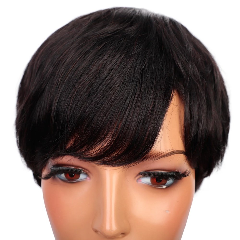 Pixie Cut Human Hair Wigs Natural Short Black None Lace Wig with Bangs Hair Layered Wavy Different Style Short Wigs for Women