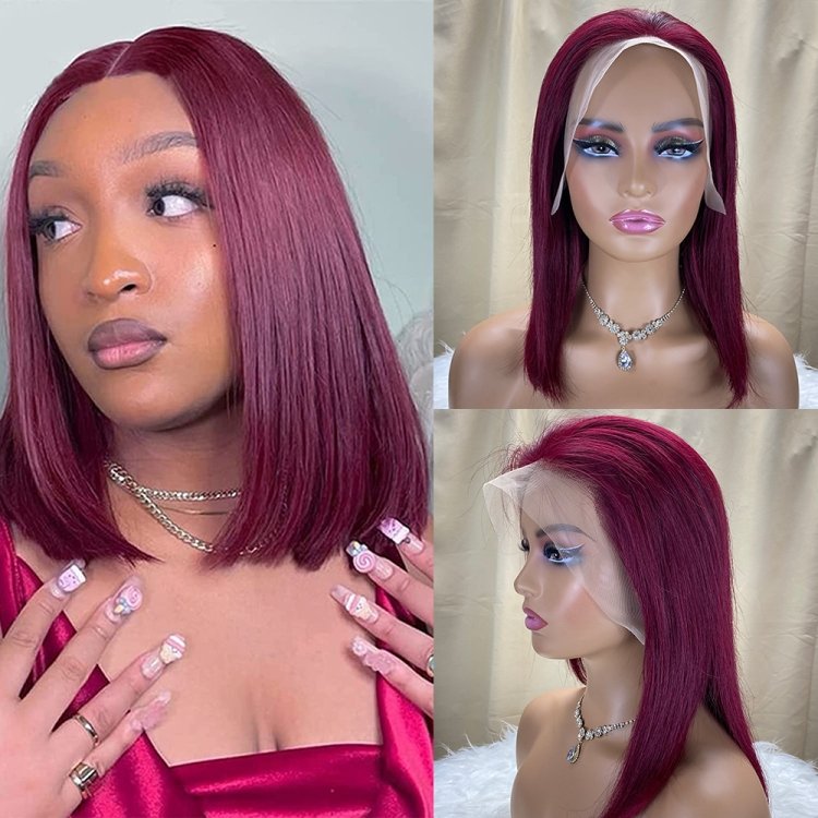 #99J Short Straight Bob Human Hair Wigs 180% Density Brazilian Virgin Hair Lace Frontal Bob Wigs For Black Women