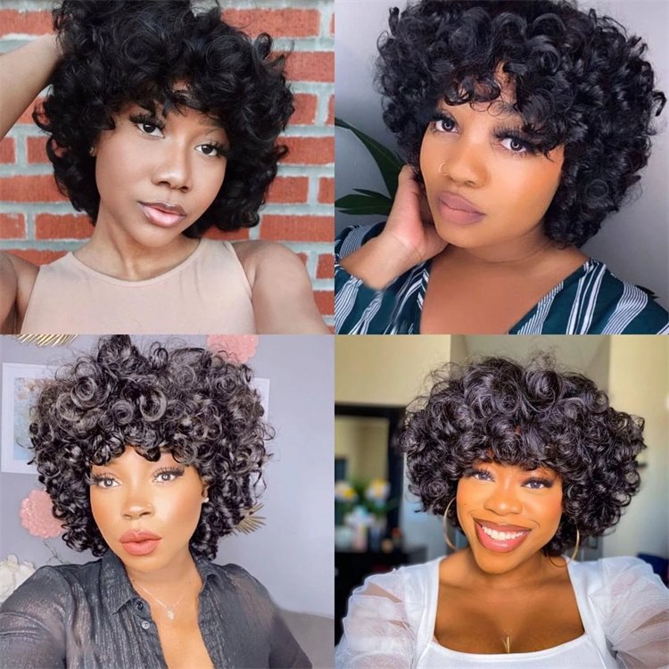 Bouncy Curly Human Hair Wigs with Bangs Peruvian Remy Fumi Curls Short Bob Egg Curls Glueless Full Machine Made Wigs for Women