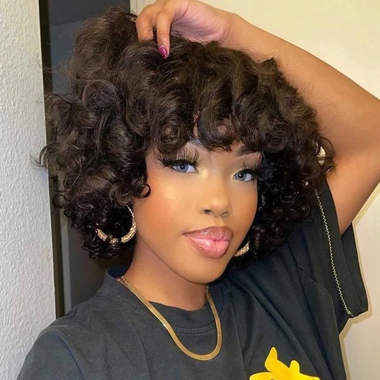 Bouncy Curly Human Hair Wigs with Bangs Peruvian Remy Fumi Curls Short Bob Egg Curls Glueless Full Machine Made Wigs for Women