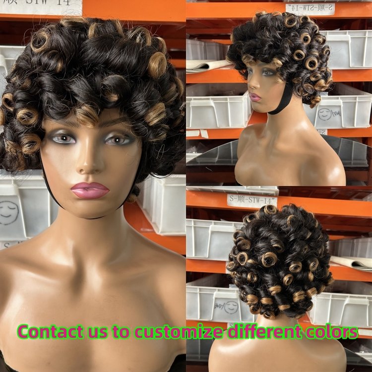 Bouncy Curly Human Hair Wigs with Bangs Peruvian Remy Fumi Curls Short Bob Egg Curls Glueless Full Machine Made Wigs for Women