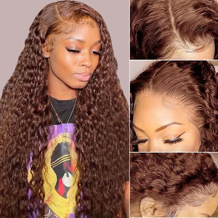 13x4 HD SDD Quality 350% Top Quality Fashion Wavy Human Hair Deep Wave Frontal Wigs For Chocolate Brown Women Gluess Wig