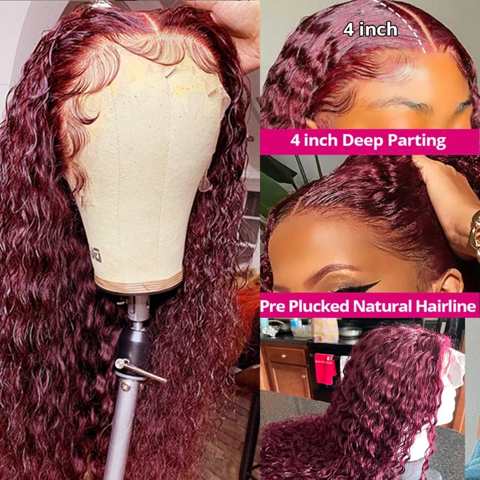 Curly Glueless Full Hd Lace Front Wigs Human Hair,Burgundy Deep Wave Lace Front Wig,Human Hair Wigs Colors For Women