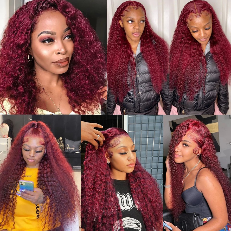 Curly Glueless Full Hd Lace Front Wigs Human Hair,Burgundy Deep Wave Lace Front Wig,Human Hair Wigs Colors For Women