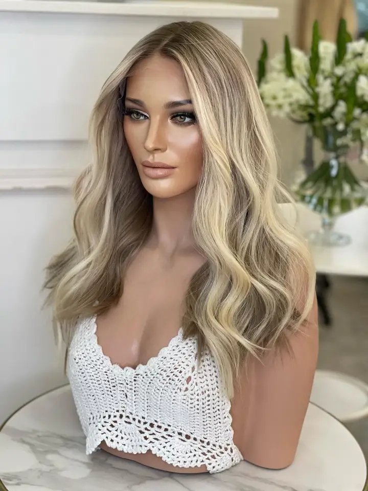 High Quality Russian Hair Double Drawn Wigs Balayage Blonde Highlight Color Beautiful Jewish Lace Top Wigs Invisible Knots Wig