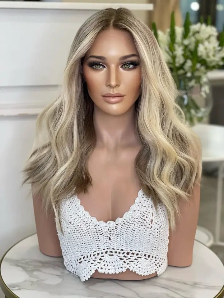 High Quality Russian Hair Double Drawn Wigs Balayage Blonde Highlight Color Beautiful Jewish Lace Top Wigs Invisible Knots Wig