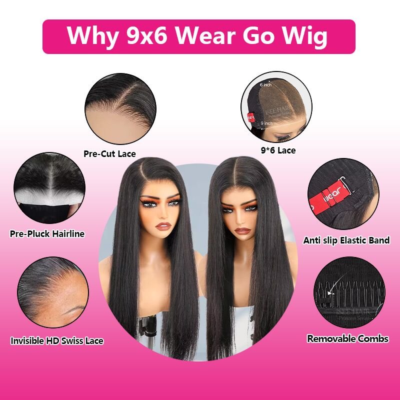 ISEE New Upgrade 6X9 Wear Go Glueless Wig Pre-cut Human Hair Wigs Ready To Go M Cap HD Lace Frontal Wig For Women Without Glue