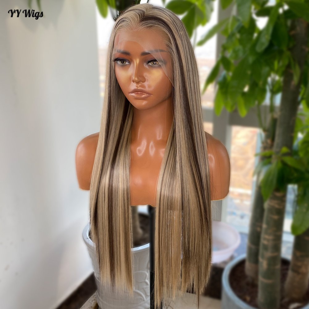 4-30/103 Futura Synthetic Hair High Long Silky Straight Heat Resistant Half Hand Tied Wig Women Blonde Highlight Lace Front Half