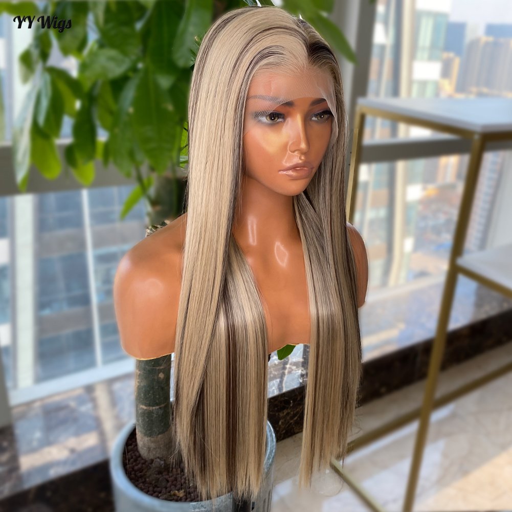 4-30/103 Futura Synthetic Hair High Long Silky Straight Heat Resistant Half Hand Tied Wig Women Blonde Highlight Lace Front Half