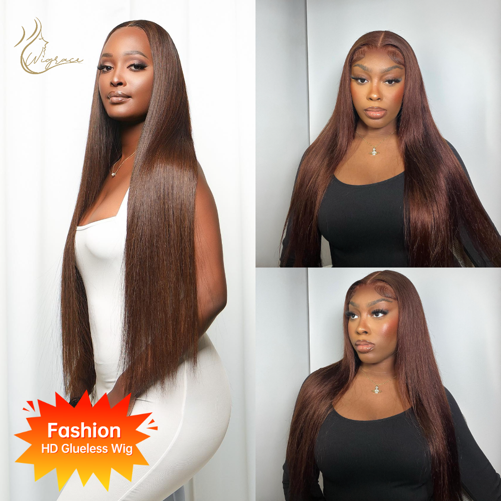 Wholesale Wear And Go Raw Brazilian Chocolate Brown Bone Straight Glueless Hd Lace Frontal Human Hair Wigs For Black Women