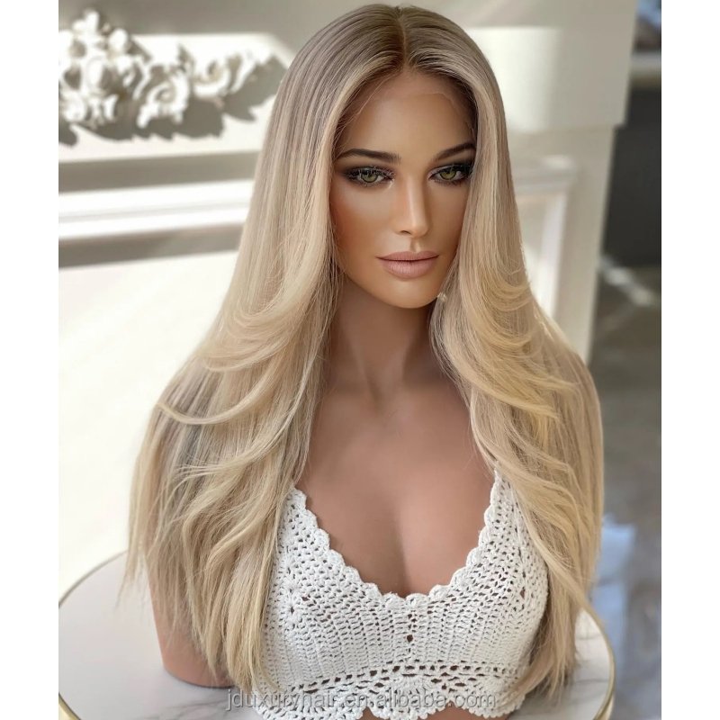 100% russian human Hair HD Lace front wig Cuticle Aligned highlights ash blonde bone straight hair silk top full lace wig