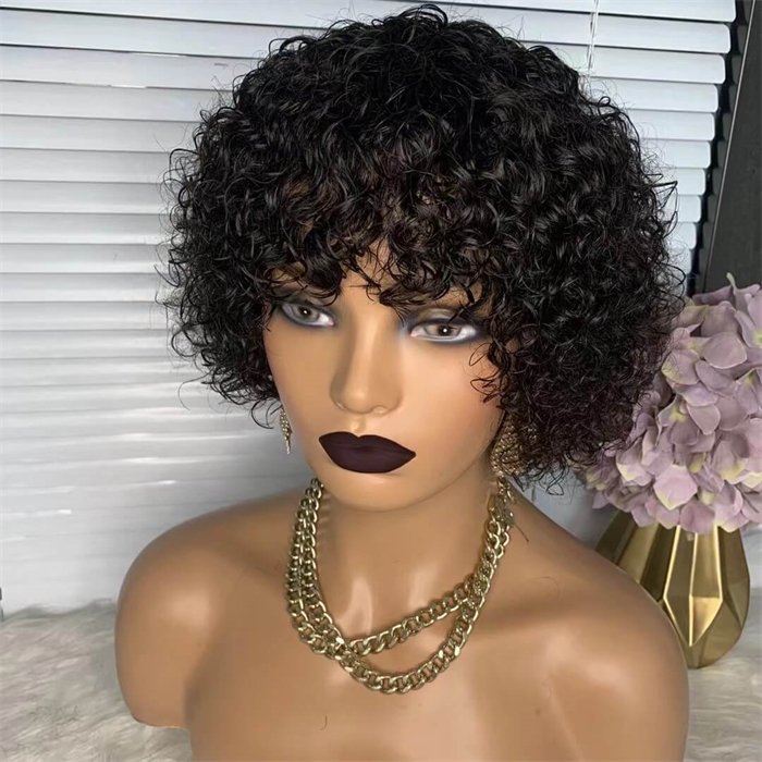 Wholesale Short Curly Wig With Bangs Human Hair Kinky Curl Wig For African American