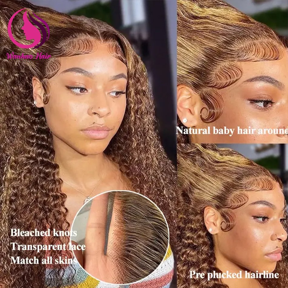 13x4 HD Lace Frontal Honey Blonde Wig Deep Water Wave Glueless Wigs 4/27 Highlight Curly Human Hair Wigs 30 32 34 Inch