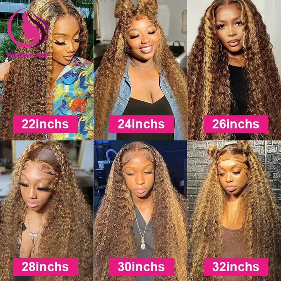 13x4 HD Lace Frontal Honey Blonde Wig Deep Water Wave Glueless Wigs 4/27 Highlight Curly Human Hair Wigs 30 32 34 Inch