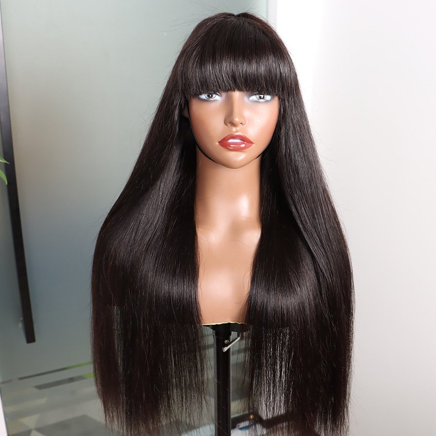 100% Human Hair Wig With Bangs Cheap Glueless Full Machine Made Brazilian Straight Long Fringe Wig
