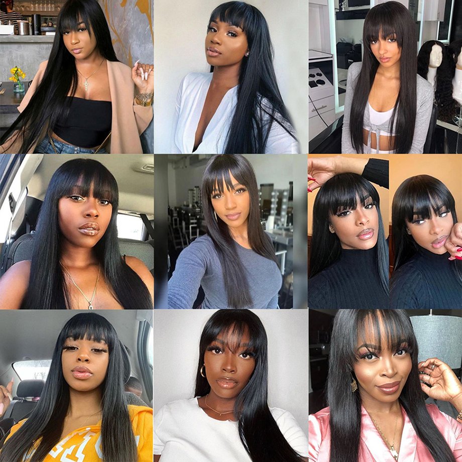 100% Human Hair Wig With Bangs Cheap Glueless Full Machine Made Brazilian Straight Long Fringe Wig