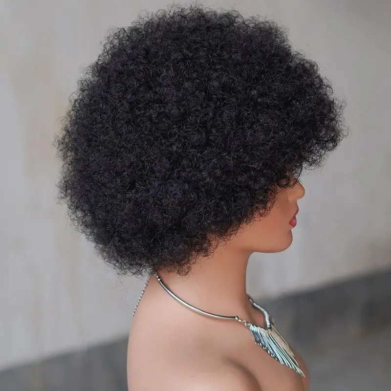Afro Kinky Curly Short Fluffy Human Hair Wig With Thick Bang 250% Density Machine Made Short Bob Wigs For Women