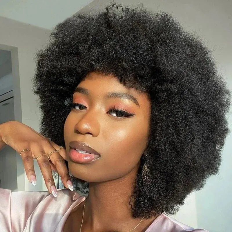 Afro Kinky Curly Short Fluffy Human Hair Wig With Thick Bang 250% Density Machine Made Short Bob Wigs For Women