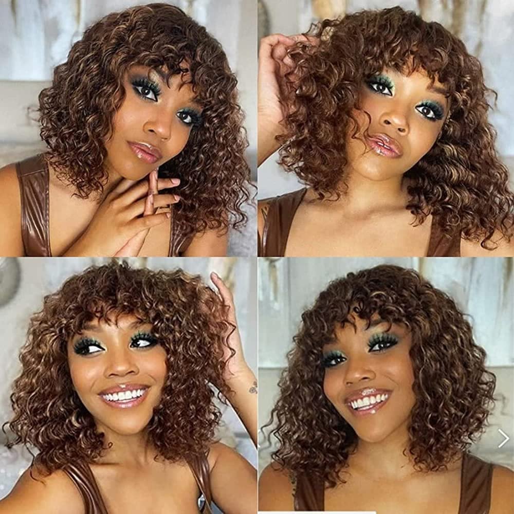 Glueless Brazilian Short Bob Wig With Bangs, Bang Luxury Curly Wig, Cheap Curly Human Hair Bang Wig Non Lace Human Hair Wigs