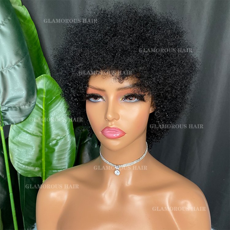 Factory Supply cheap price Wholesale Cheap Brazilian Virgin Raw Human Hair natural black kinky curly regular wig with bang