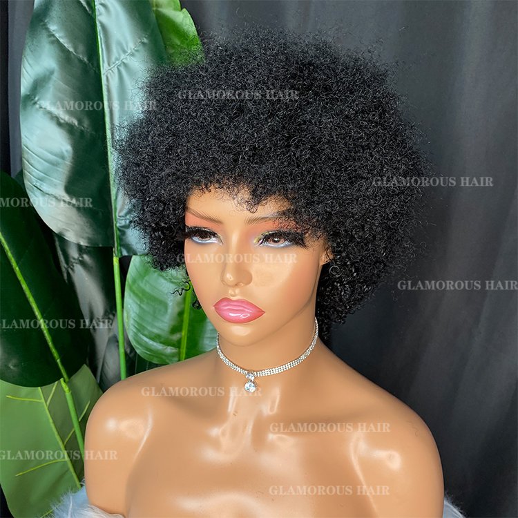 Factory Supply cheap price Wholesale Cheap Brazilian Virgin Raw Human Hair natural black kinky curly regular wig with bang