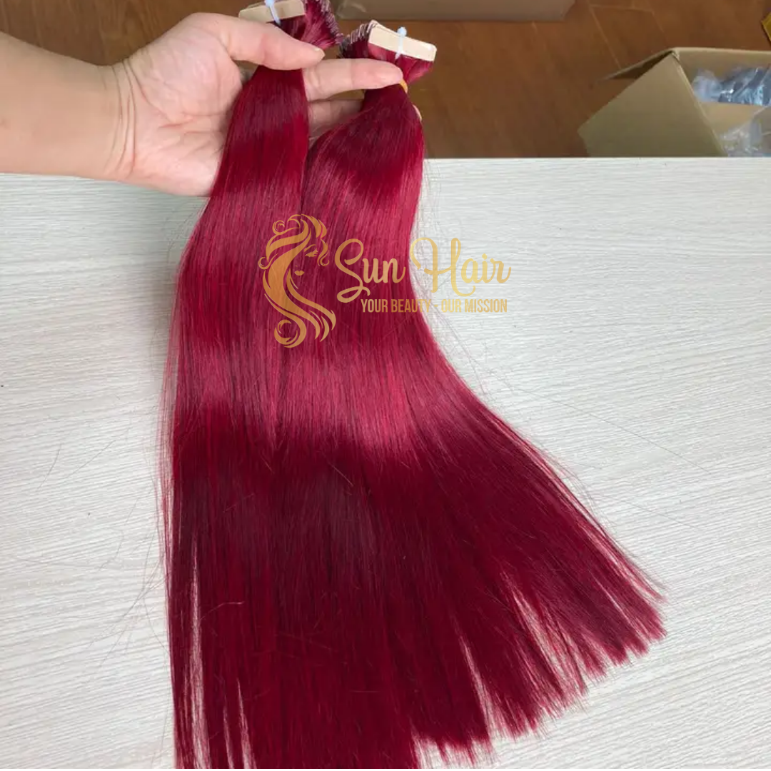 Wholesale Hot Trending Red Colour Straight Tape in Hair Virgin Unprocessed Cutilcle Aligned 100% Human Hair Extensions