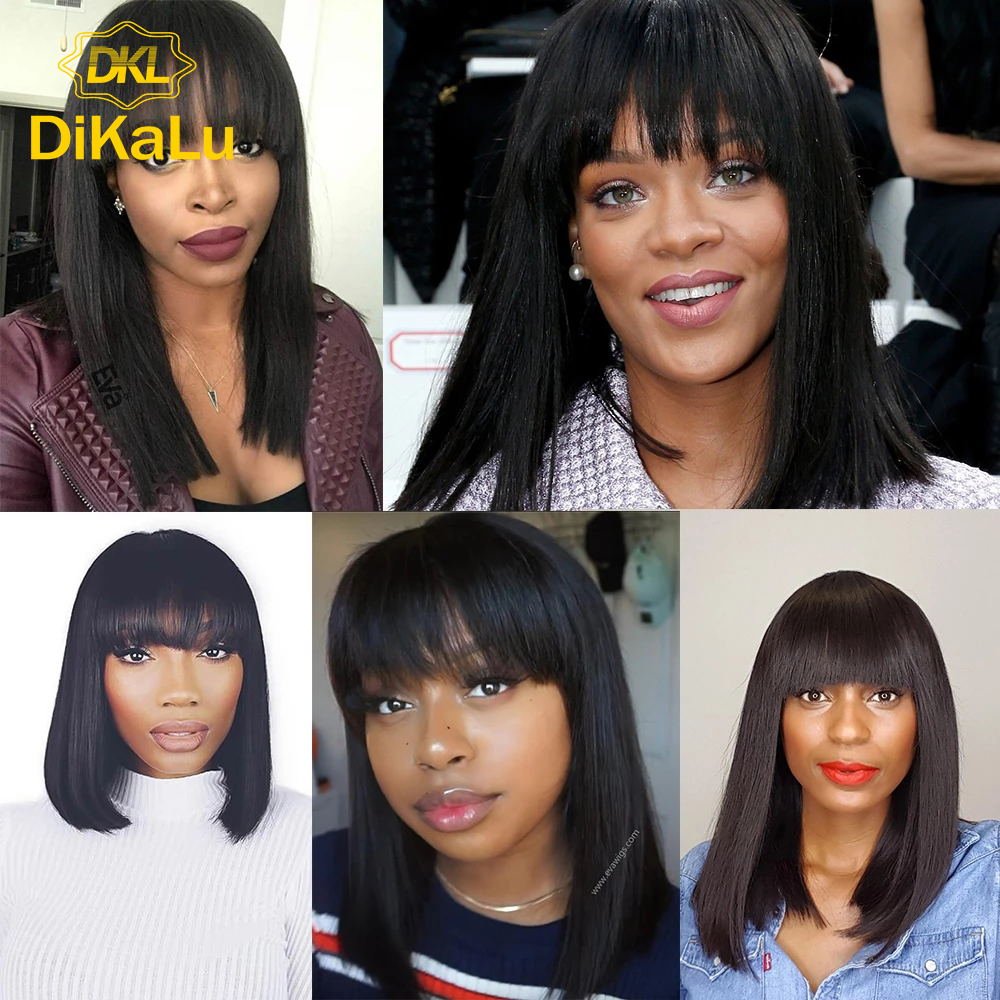 Bob Straight Human Hair Wigs With Bangs, Full Machine Made Wigs, Colored Wigs Blonde Brown Peruvian Short Bob Remy Hair Wig