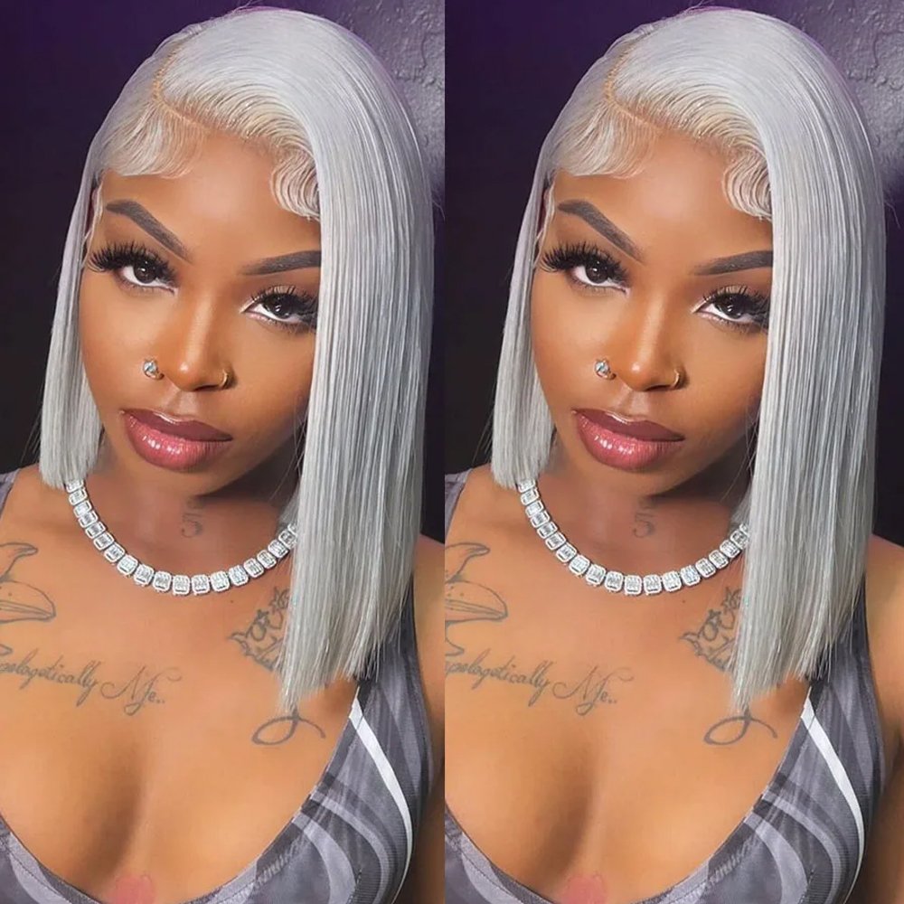 Grey Color Lace Frontal Human Hair Wig Pre Plucked Short Bob Pixie Cut Full Frontal Wigs For Black Women